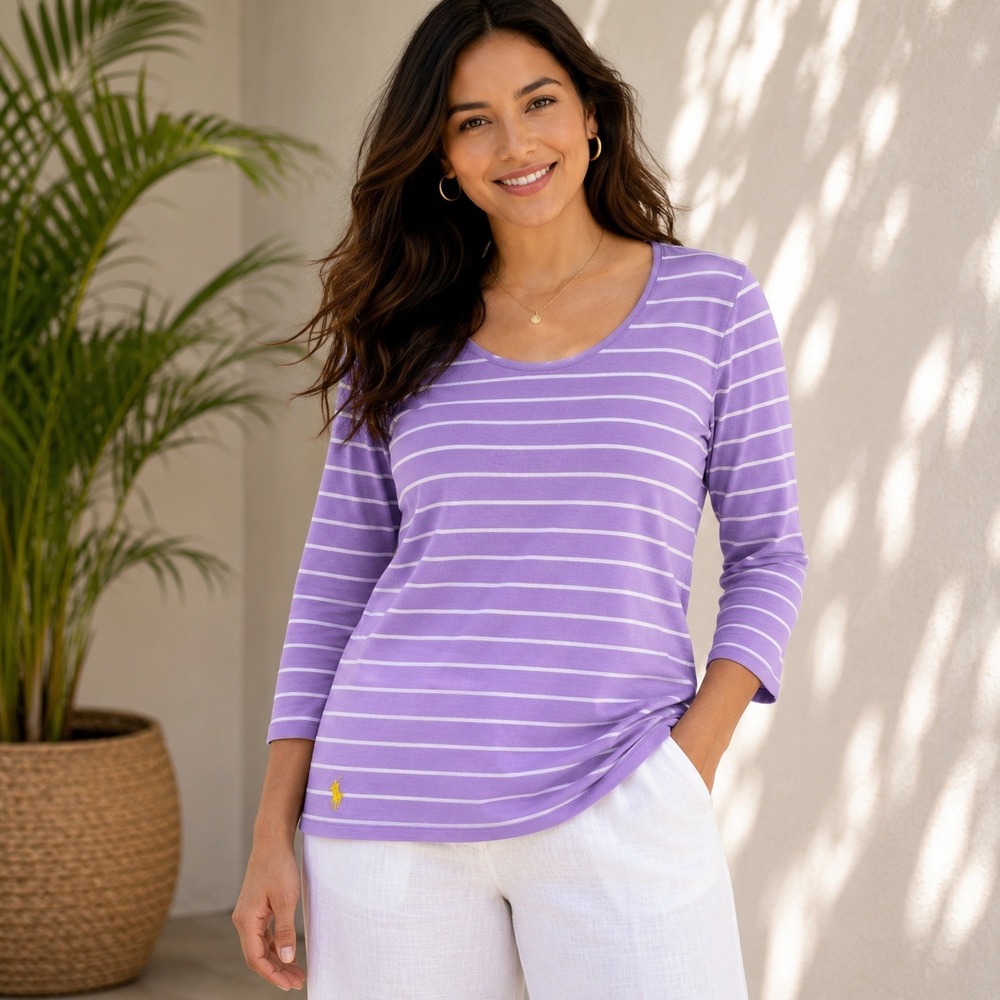 Ralph Lauren Sport Purple White Striped Scoop Neck Pima‎ Cotton Top Size L
